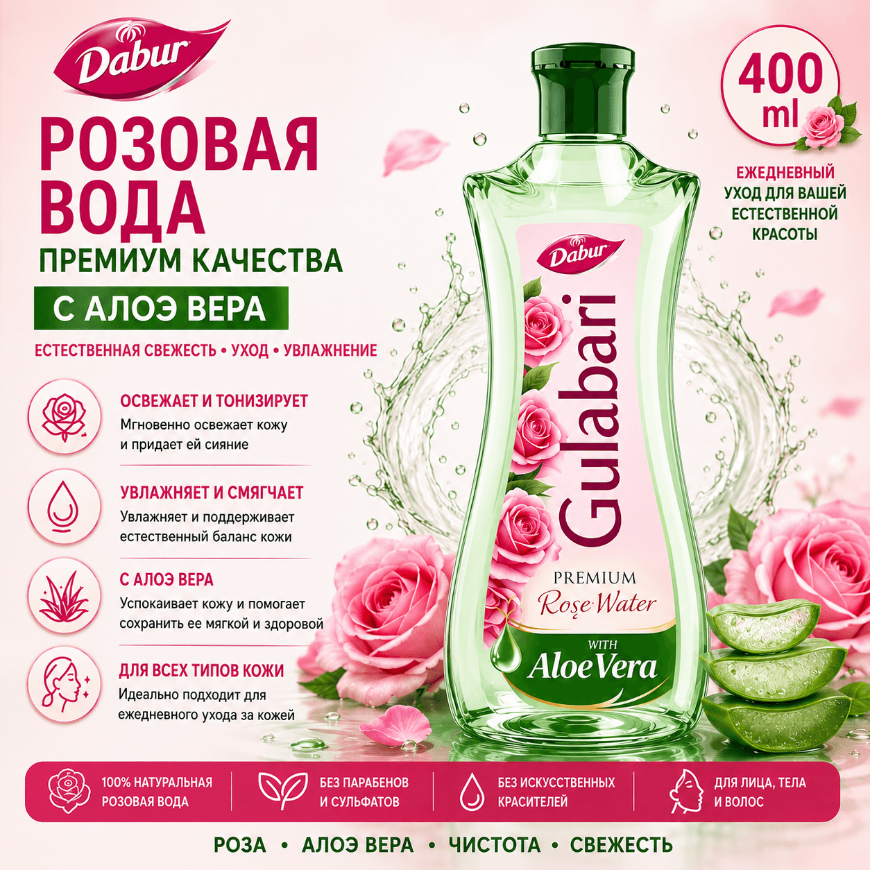 Dabur Gulabari, премиальная розовая вода с алоэ вера — 400 мл — Очищающие средства и средства для умывания лица от Dabur